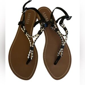 LAUREN Ralph Lauren Alexa leather black white flat sandals Sz 10 new